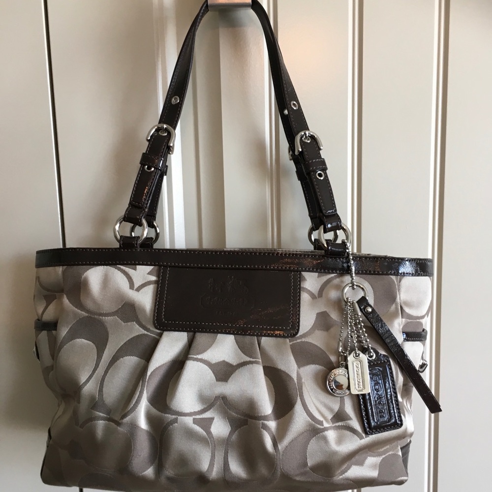 Coach Signature Jacquard Fabric & Leather Tote